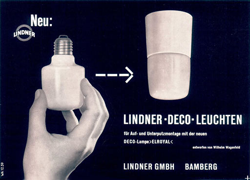 Lindner Anzeige Elroyal Porzellan-Deco-Leuchten entworfen von Wilhelm Wagenfeld 1959