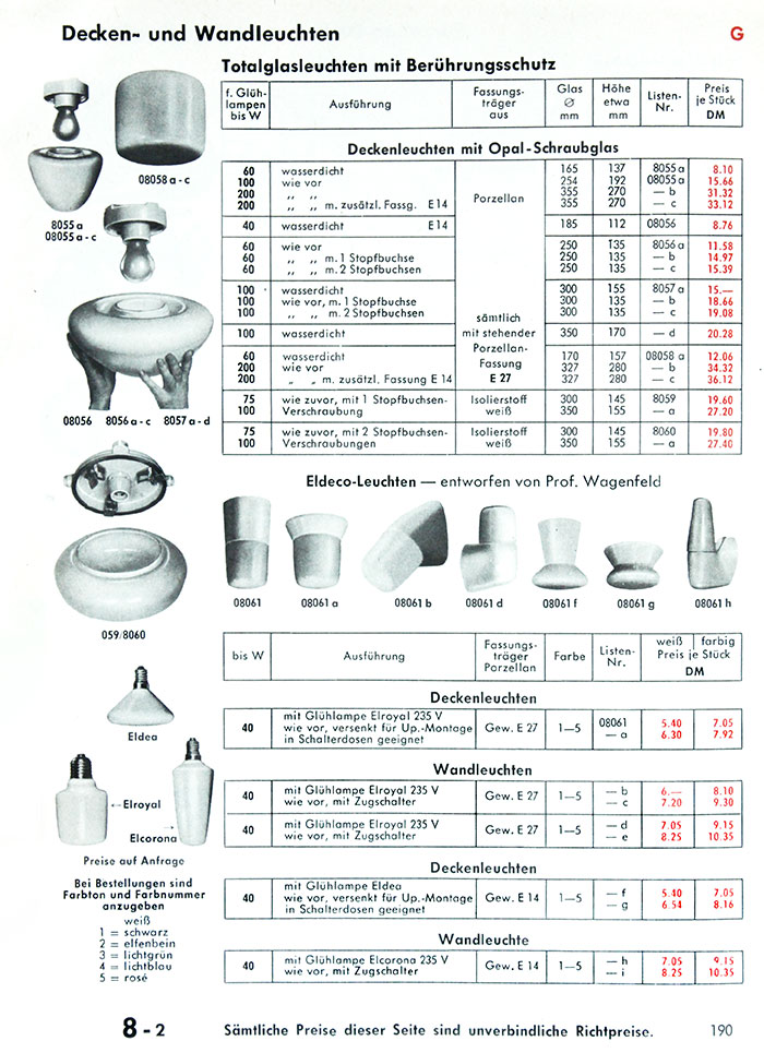 Leuchten von Wilhelm Wagenfeld 
in einem Katalog für Elektromaterial von 1962