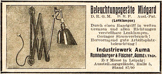 Midgard Anzeige für Beleuchtungsgeräte, Lenklampen 
Erscheinungstermin 1927.