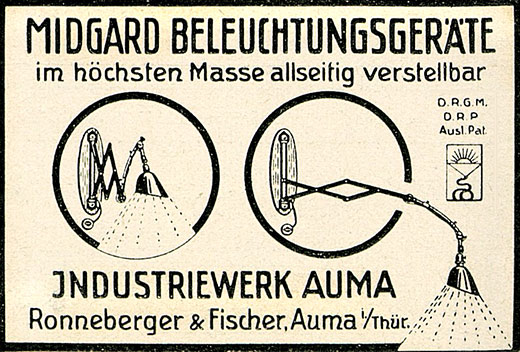 Midgard Anzeige für Beleuchtungsgeräte im höchsten Maße allseitig verstellbar.
Erscheinungstermin 1925.
