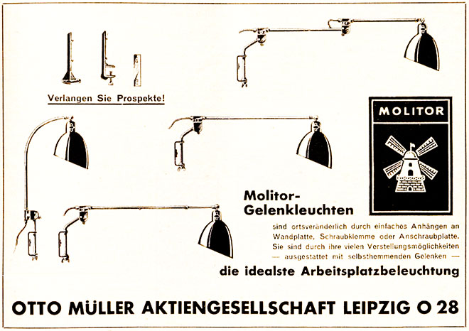 Molitor Anzeige mit Gelenkleuchten.
Erscheinungstermin 1936.