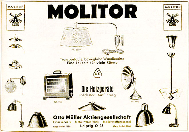 Molitor Anzeige mit Angebotsprogramm.
Erscheinungstermin 1935. 
