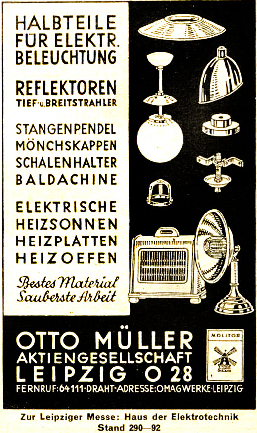
Molitor Anzeige mit Angebotsprogramm für elektrische Beleuchtung.
Erscheinungstermin 1935. 