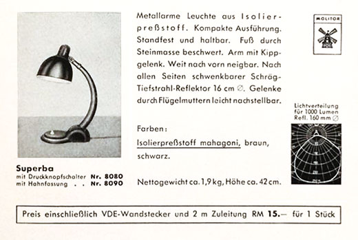 1938 „Superba“ Arbeitsleuchte vollständig aus Isolierstoff.
