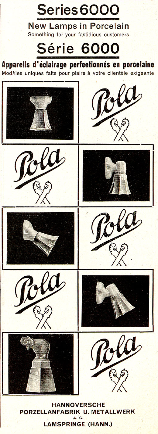 Hannoversche Porzellanfabrik Anzeige für POLA Leuchten aus Porzellan., Serie 6000.
Erscheinungstermin 1931.