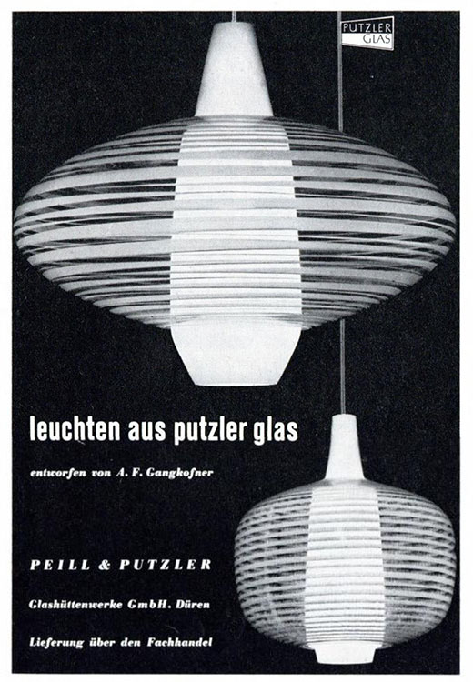 Peill & Putzler Anzeige mit Pendelleuchten BARI und NERVI von Aloys F. Gangkofner.
Erscheinungstermin 1958.