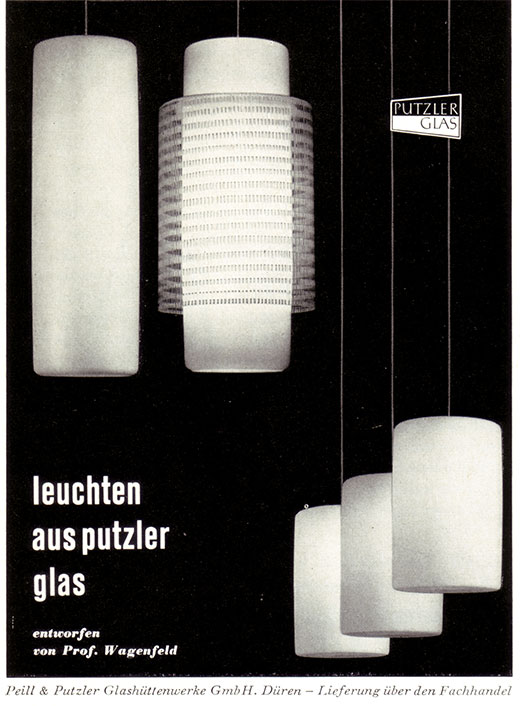 Peill & Putzler Anzeige mit Leuchten DÜREN und JUNO von Wilhelm Wagenfeld.
Erscheinungstermin 1956. 