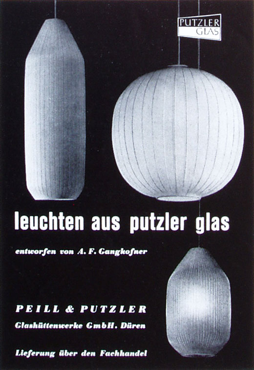 Peill & Putzler Anzeige mit Pendelleuchten VERONA, BOLOGNA und VARESE von Aloys F. Gangkofner.
Erscheinungstermin 1958.