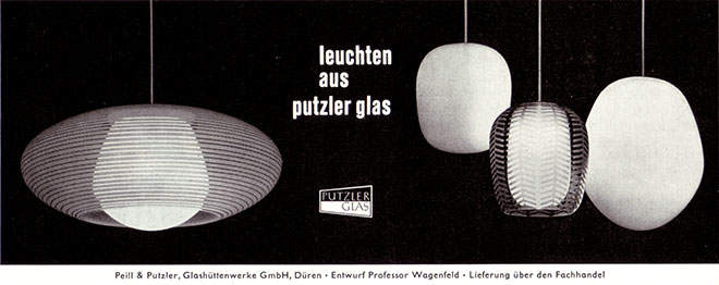 Peill & Putzler Anzeige mit Leuchten JUNO, DÜREN und CORA von Wilhelm Wagenfeld.
Erscheinungstermin 1958. 