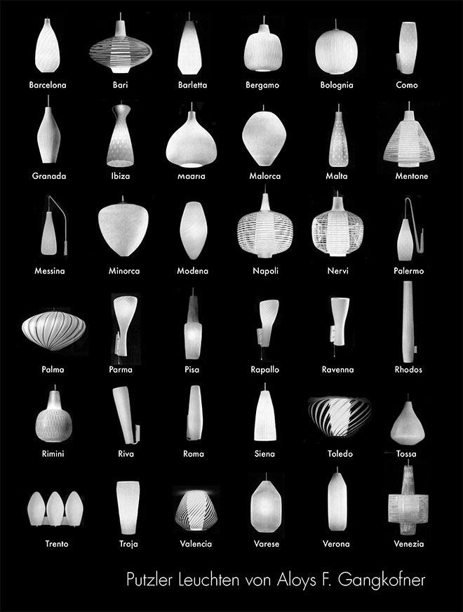 Zusammenstellung der Leuchtenentwürfe von Aloys F. Gangkofner für Peill & Putzler, Düren.