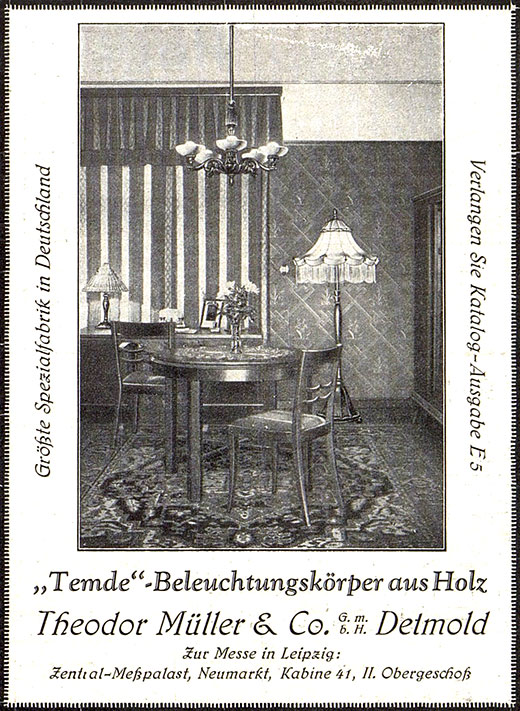 Temde Anzeige „Beleuchtungskörper aus Holz“
Erscheinungstermin 1928.