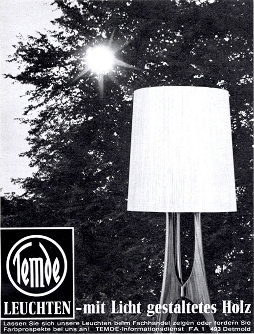 Temde Anzeige mit „Temde Leuchten mit Licht gestaltetes Holz“
Erscheinungstermin 1966.