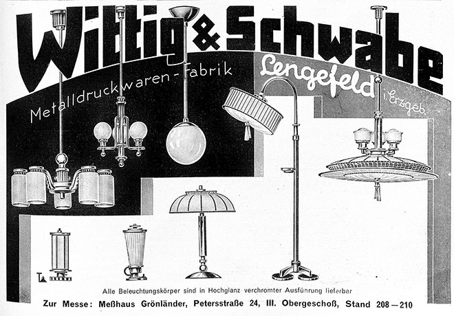 Wittig & Schwabe Anzeige für Leuchtenprogramm.
Erscheinungstermin 1931.
