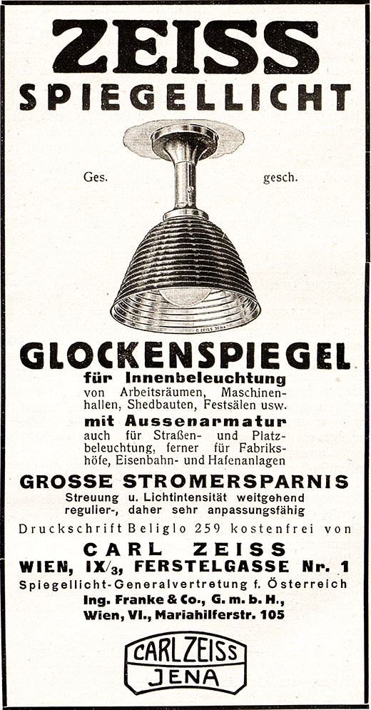 Carl Zeiss Spiegellicht Glockenspiegel Leuchten Anzeige 1925. 