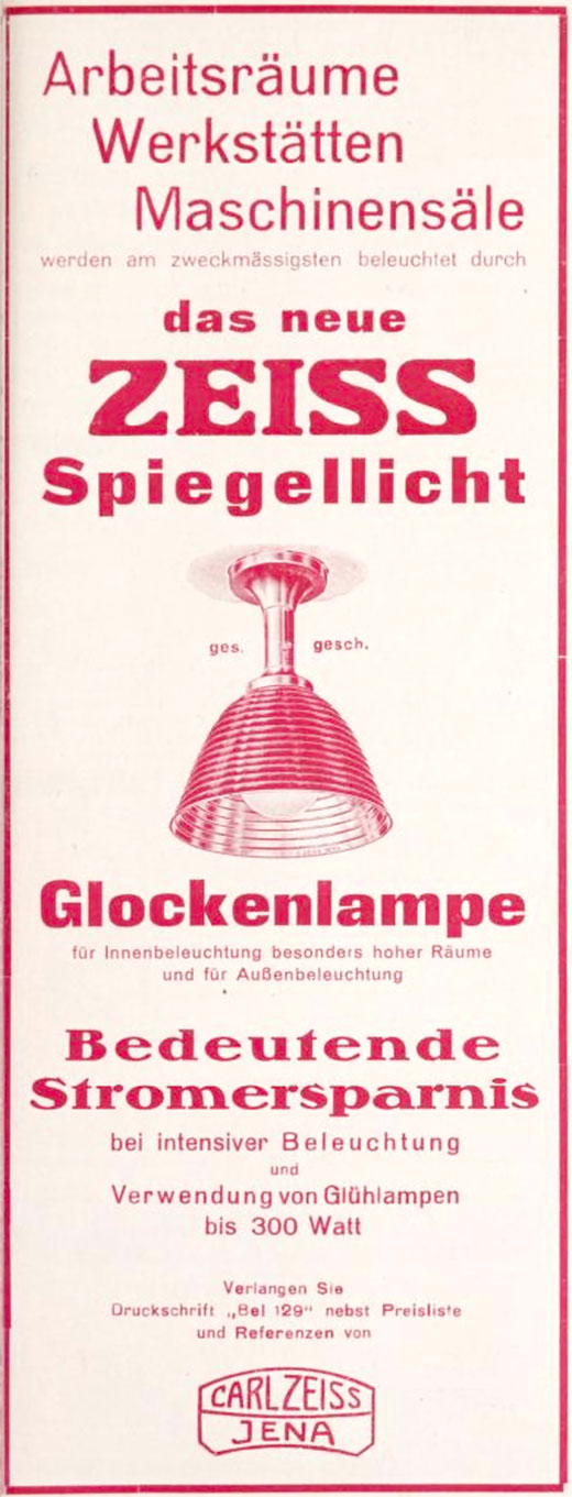 Carl Zeiss Spiegellicht Glockenspiegel Leuchten Anzeige 1924. 