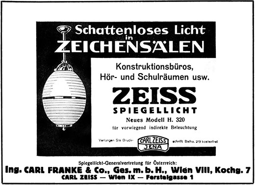 Carl Zeiss "Schattenloses Licht in Zeichensälen“ Anzeige 1926. 