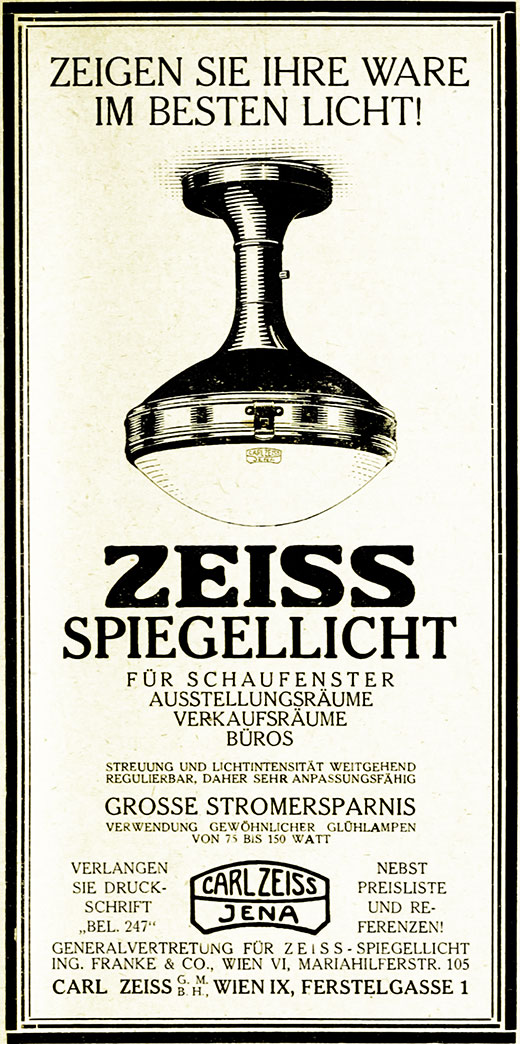 Carl Zeiss Spiegellicht Leuchten Anzeige 1925. 