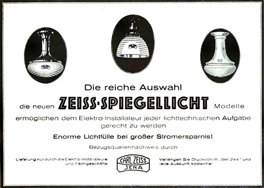 Carl Zeiss 3 Spiegellicht Leuchten Anzeige 1925. 
