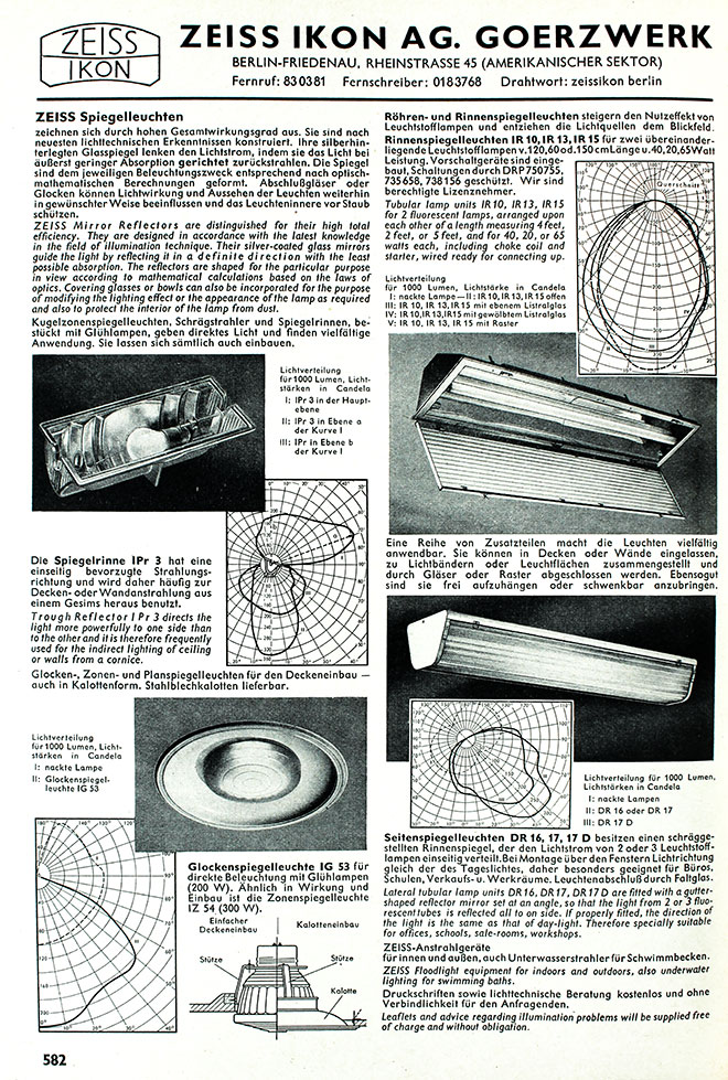 Zeiss Spiegelleuchten Anzeige 1953.