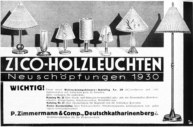 ZICO Anzeige für Holzleuchten.
Erscheinungstermin 1930.