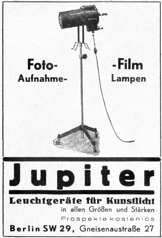 Jupiter Foto-Aufnahmelampen, Anzeige, 1938.