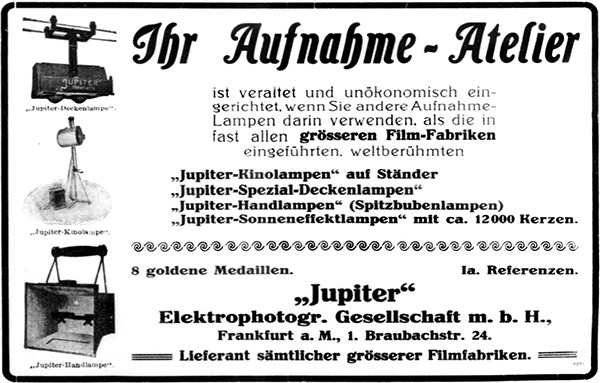 Jupiter-Kino-Lampen, Jupiter Elektrophotographische Gesellschaft m. b. H., Frankfurt, Anzeige, 1914. 