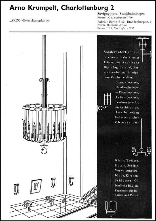 Arno Beleuchtungsk&ouml;rper, Arno Krumpelt Anzeige von 1934