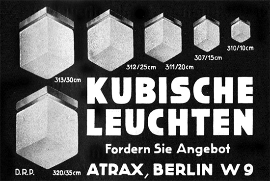 ATRAX Anzeige f&uuml;r Kubische Leuchten, 1930.