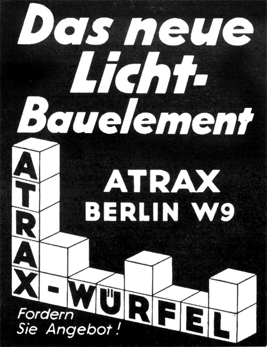 ATRAX Anzeige f&uuml;r das neue Licht-Bauelement, 1928.