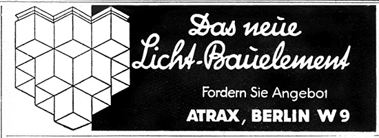 ATRAX Anzeige f&uuml;r das neue Licht-Bauelement, Deckenleuchte, 1928.