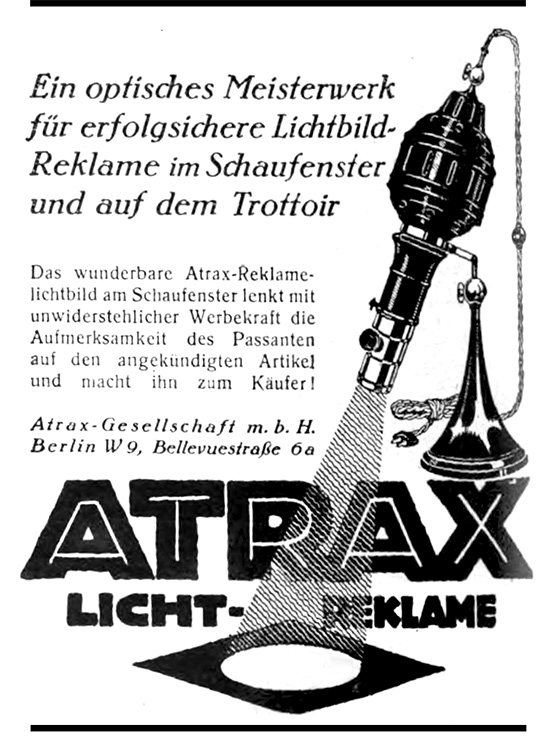 ATRAX Anzeige f&uuml;r Lichtreklame, 1923.