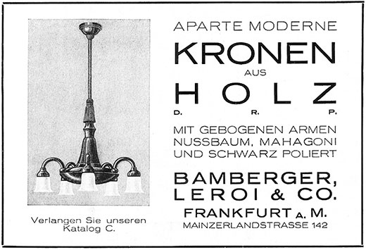 Bamberger, Leroi & Co. Anzeige für Kronen aus Holz.
Erscheinungstermin 1924.