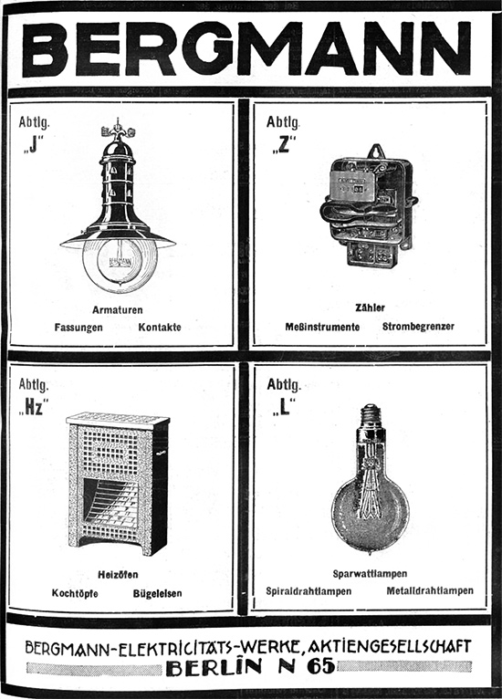 Bergmann Anzeige f&uuml;r Abteilung &bdquo;J = Armaturen, Z = Z&auml;hler, HZ = Heiz&ouml;fen, L = Sparwattlampen...&ldquo; 1922.
