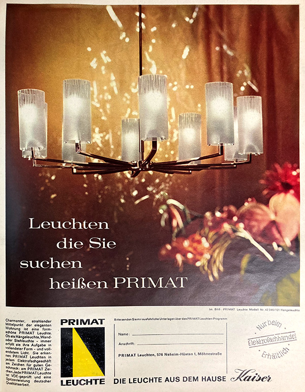 Primat Anzeige mit Kaiser H&auml;ngeleuchte Nr. 42346-101
Erscheinungstermin 1963.