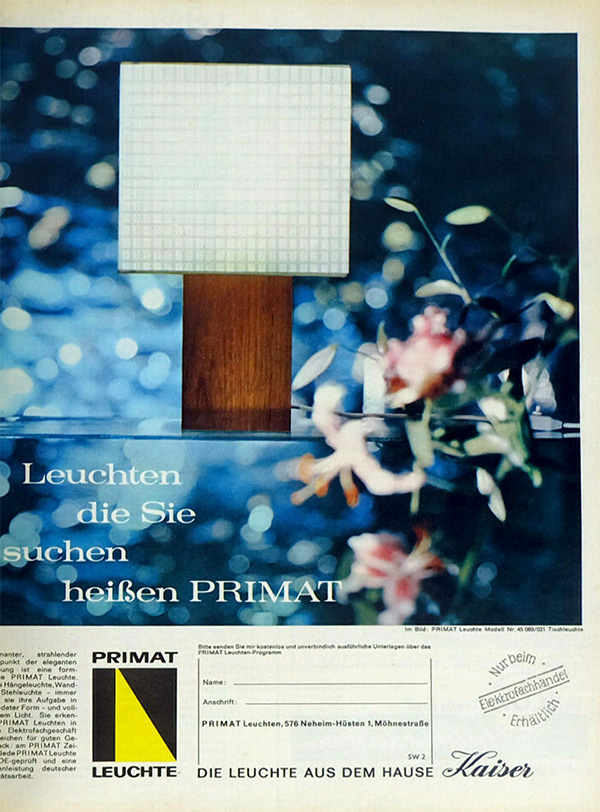 Primat Anzeige mit Kaiser Leuchte Nr. 45089-021
Erscheinungstermin 1962. 