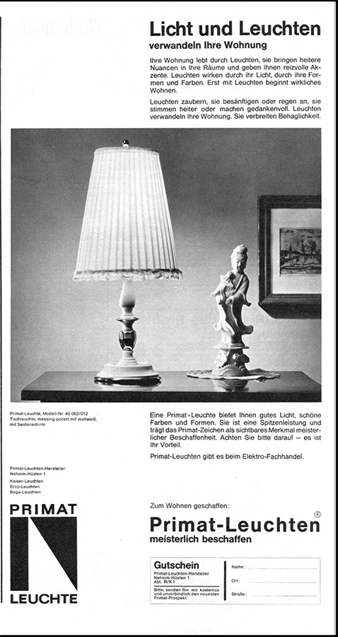 Primat Anzeige mit Tischleuchte Nr. 45052-012
Erscheinungstermin 1961. 