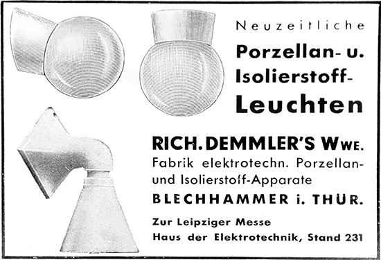 RIDEM - Rich. Demmler&rsquo;s Wwe. Anzeige f&uuml;r Porzellan- und Isolierstoff-Leuchten aus dem Jahr 1933.